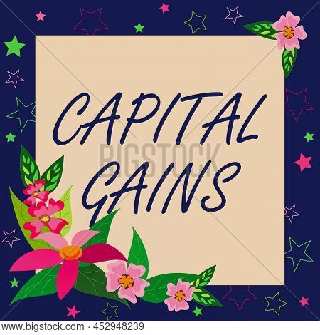 Writing Displaying Text Capital Gains. Word For Bonds Shares Stocks Profit Income Tax Investment Fun