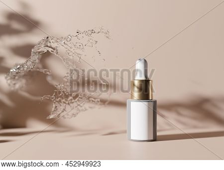 Blank, Unbranded Cosmetic Serum Bottle With Water Splash. Skin Care Product Presentation On Brown Ba