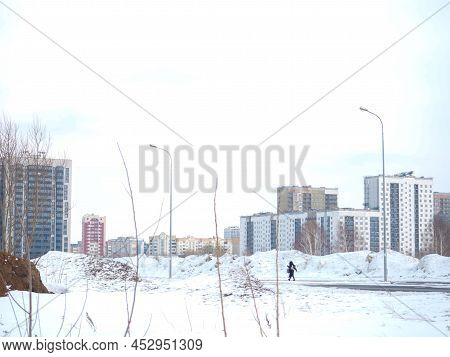 Urban Landscape. Road View. Empty Streets. Large Residential Area Houses. Lonely Person