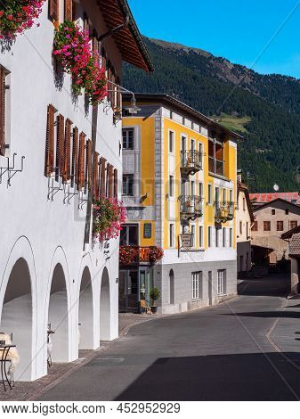 Mustair, Switzerland - September, 28, 2021: Architecture Of Medieval Village Of Mustair In Val Musta