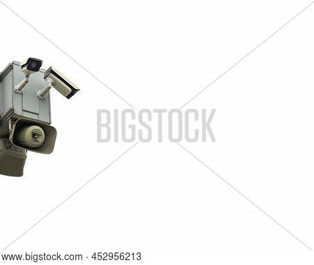 Cctv Security Surveillance Camera And Horn Speaker Isolated On White With Copy Space