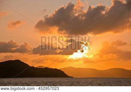 Sunset Scene Of Peaceful Serene Mountain Island In The Pacific Ocean Of Hamilton Island In Queenslan