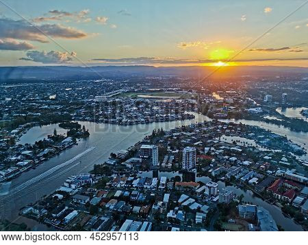 Gold Coast, Australia - April 25, 2021: Aerial Panorama View Of High-rise Building Sky Scrapers With