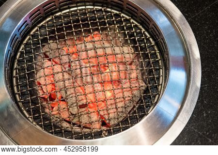 Grill With​ Fire And​ Chacoal Ready For Bbq. Top View