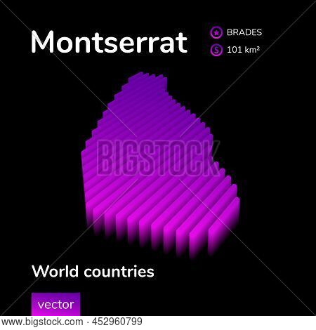 Montserrat 3d Map. Stylized Neon Simple Digital Isometric Striped Vector Map Of Montserrat Is In Vio