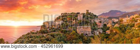 Landscape With Nonza Village At Sunset Time, Corsica Island, France