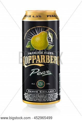 London,uk - February 10,2022: Kopparberg Pear Premium Cider On White. Product Of Sweden.