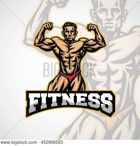 Gym Logo Bodybuilder Muscle Muscly Strong Man Pose Mascot Fitness Design Illustration Vector Templat