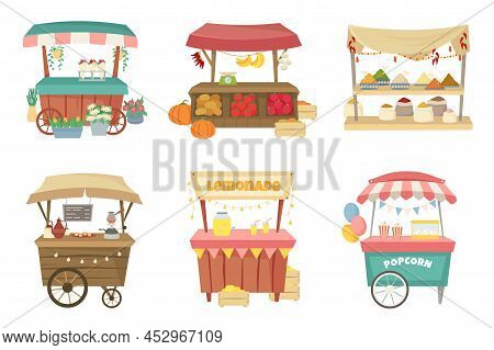 Outdoor Market Stalls. Grocery Street Fair, Local Flowers Stall And Coffee Point Vector Illustration