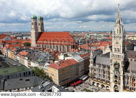 Scenic Panoramic View Of Munich City In Germany And The Cathedral