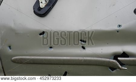 Automobile Shot Up Shrapnel Bullet Shot Cracked Hole On Car Surface