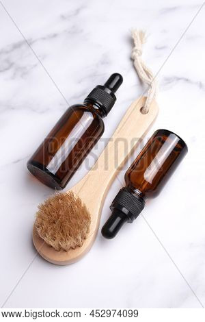 Set Of Home Spa Cosmetic Products. Dry Brush, Organic Oil. Anti-cellulite Brush For Dry Body Massage
