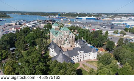 Turku, Finland - August 6, 2021: Aerial Circle View On Turku Castle In Finland.