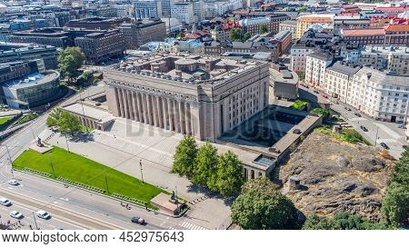 Helsinki, Finland - August 5, 2021: Aerial View On Parliament House Of Finland In Helsinki.