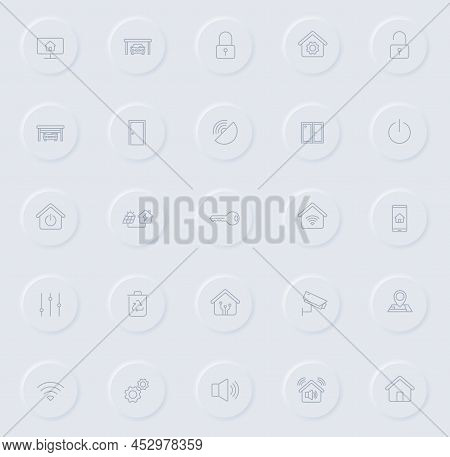 Smart Home Line Gray Icons On Round Rubber Buttons. Smart Home Icon Set For Web, Mobile Apps, Ui Des