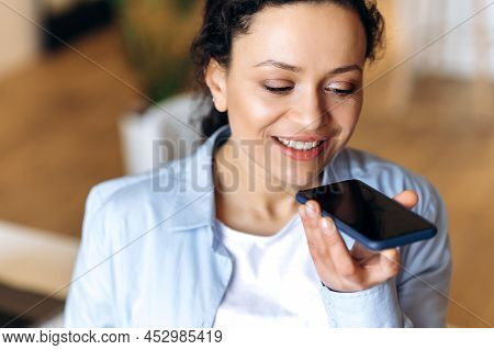 Phone Talk, Audio Messaging. Satisfied Mixed Race Brunette Woman, Using Smartphone, Recording Audio 