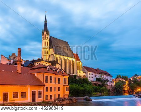 St Vitus Church In The Middle Of Historical City Centre By Night. Cesky Krumlov, Southern Bohemia, C