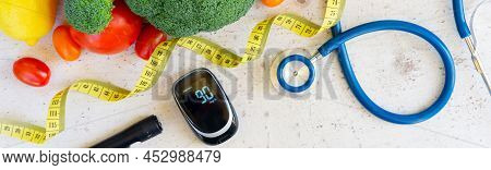 Raw Vegetables With Blood Glucose Meter, Lancet And Stethoscope, , Diabetes Healthy Diet Concept