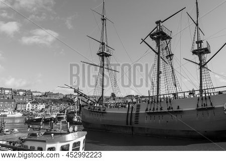 Whitby. North Yorkshire. United Kingdom. February 15th 2022.the Endeavour Boat At Endeavour Wharf In