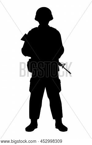 Army Soldier Silhouette Vector Illustration On White Background, People In Black And White For Your 