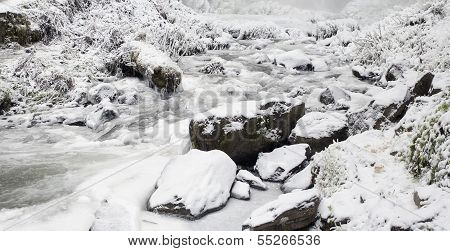 Latourell Falls Creek In Winter Ice And Snow