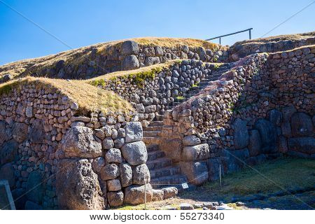 Inca Wall In Saqsaywaman, Peru, South America. Example Of Polygonal Masonry. The Famous 32 Angles St