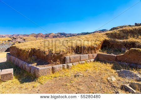 Inca Wall In Saqsaywaman, Peru, South America. Example Of Polygonal Masonry. The Famous 32 Angles St