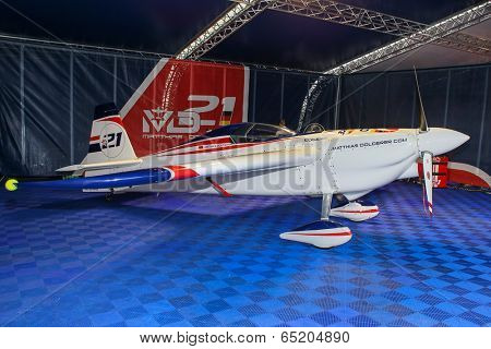 PUTRAJAYA, MALAYSIA - MAY 17, 2014: The Edge 540 V3 plane of Matthias Dolderer of Germany parks at the hangar during the Red Bull Air Race World Championship 2014 in Putrajaya, Malaysia.