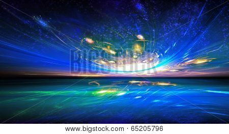Mysterious alien sunset view in the amazing world inhabited. Fractal art graphics.