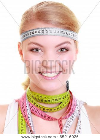 Obsessed Fitness Woman With A Lot Of Colorful Measure Tapes