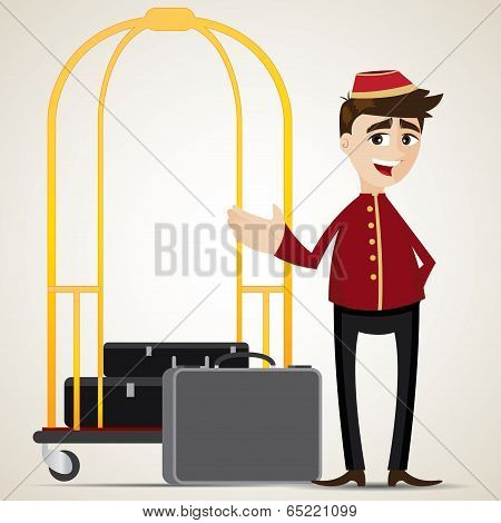 Cartoon Bell Boy With Trolley And Bag