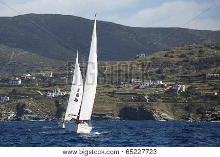 AEGEAN SEA, GREECE - APR 30, 2014: Unidentified sailboats participate in sailing regatta 