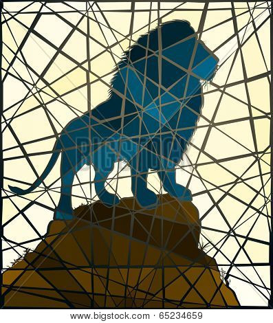 Editable vector mosaic illustration of a male lion standing on a rocky outcrop 