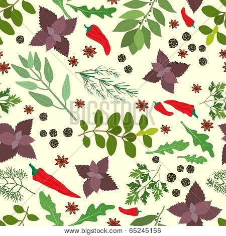 Fresh herbs and spices seamless pattern