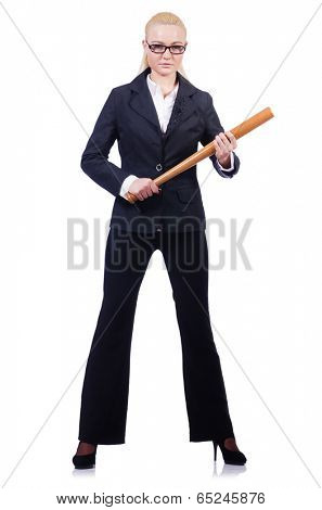 Businesswoman with baseball bat on white