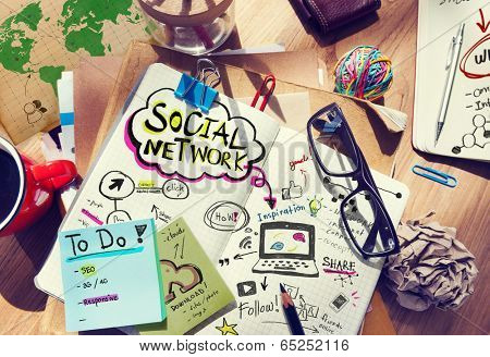 Desk with Social Network and Connection Concept