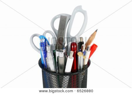 Pencil Cup Filled With Colorful Used Pens, Pencils And Scissors