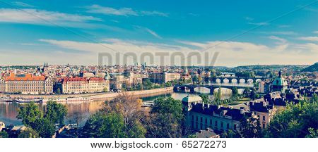 Panoramic view of bridges over Vltava river from Letna Park. Prague, Czech Republic. Stitched panorama