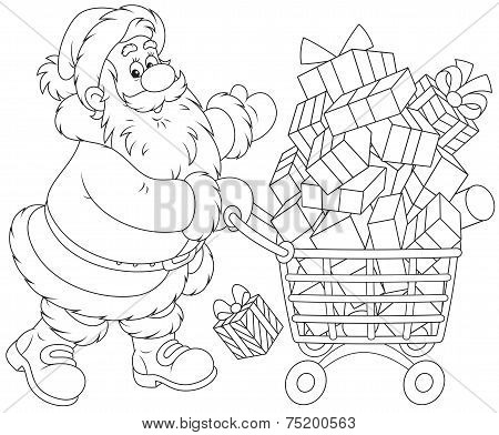 Santa with a shopping cart of gifts