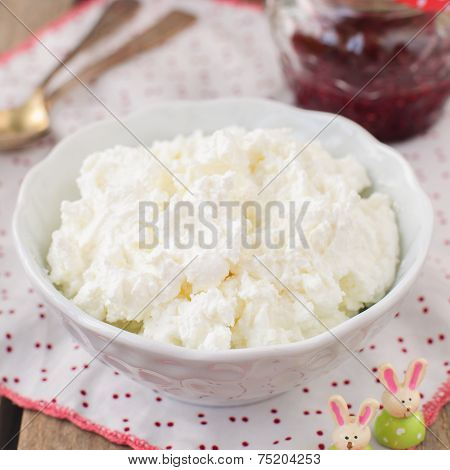 Cottage Cheese (quark, Cream Cheese, Curd) In A White Bowl
