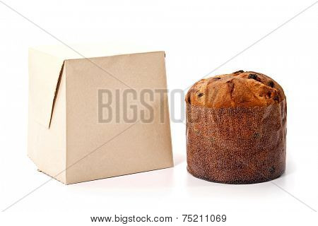 An isolated panetone and box on white background for christmas