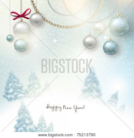 Beautiful Christmas background with blurred Christmas trees. White winter landscape. Starry sky. Vector Illustration