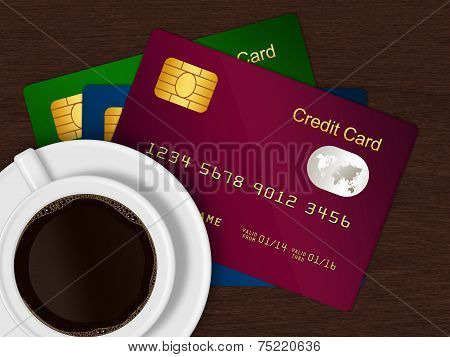White Cup Of Coffee With Credit Cards