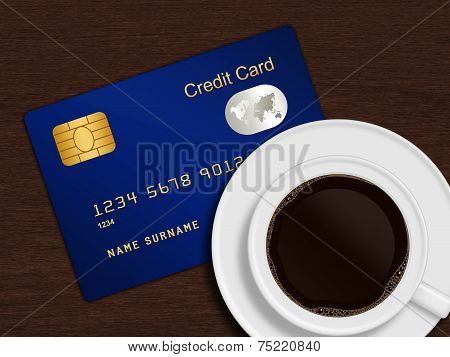 White Cup Of Coffee With Blue Credit Card