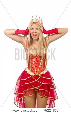 Queen in red dress isolated on white