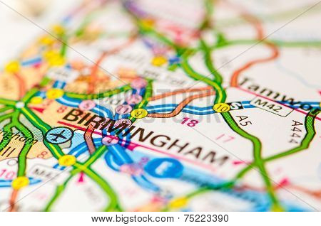 Close-up On Birmingham City On Map, Travel Destination Concept