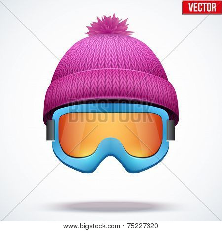 Knitted woolen cap with snow goggles. Winter seasonal sport hat. vector illustration