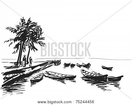 Boats at the pier, people and palm trees sketch. Hand drawn illustration