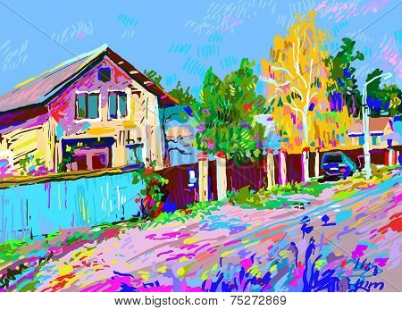 digital painting of autumn rural landscape with hut