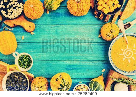 Pumpkin soup - Traditional seasonal pumpkin soup, space for text